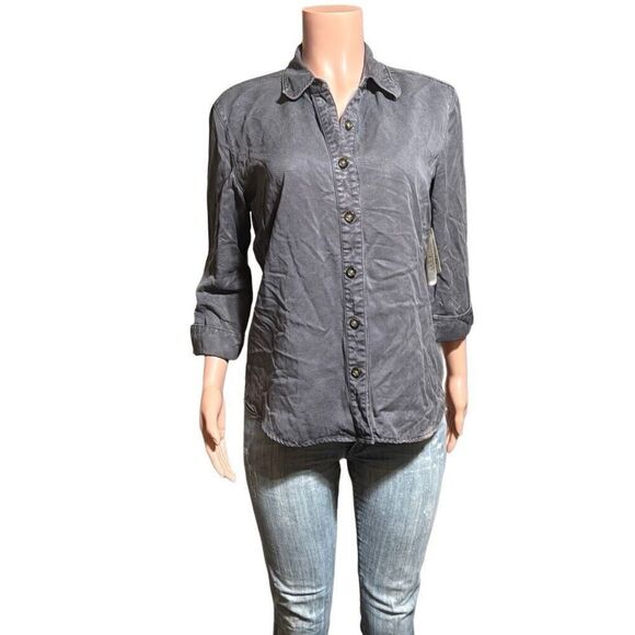 Women's 3/4 sleeve tencel button-down gray casual shirt top M - Picture 2 of 6